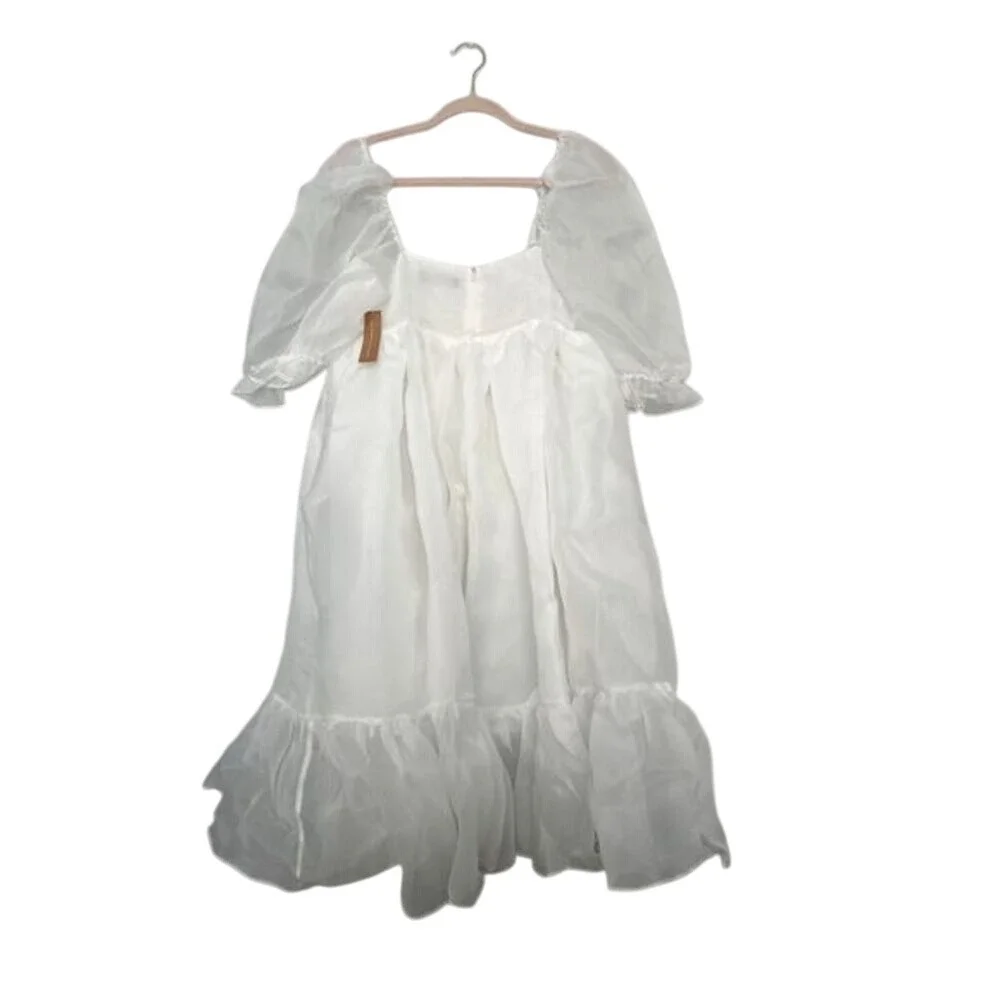 OPT White Puff Sleeve Midi Dress Square Neck Romantic‎ Summer Wedding